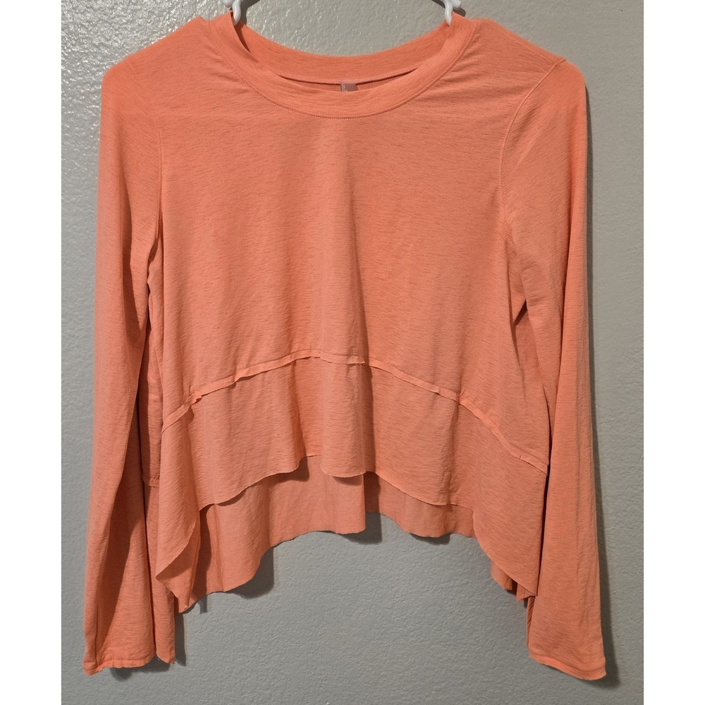 Free People Tempo Long Sleeve Tee Coral Color Layered Front Design Raw Hem Sz XS
